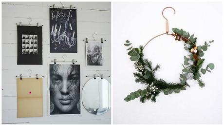 Le cintre en porte affiche, miroir... cuivré idéal pour des couronnes de fleurs en moodboard