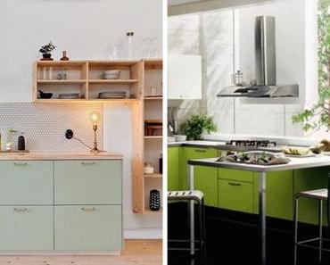 Cuisine verte : mur, meubles, carrelage et détail déco