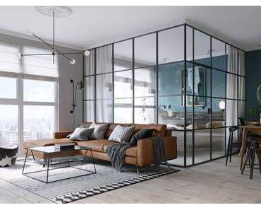 Visite déco : style loft et mur bleu canard